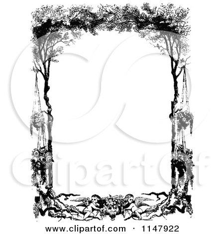 Clipart of a Retro Vintage Black and White Frame of Cherubs Hanging Flowers and Trees - Royalty Free Vector Illustration by Prawny Vintage