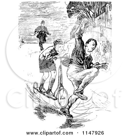 Clipart of a Retro Vintage Black and White Scooter Boy Hitting a Man - Royalty Free Vector Illustration by Prawny Vintage