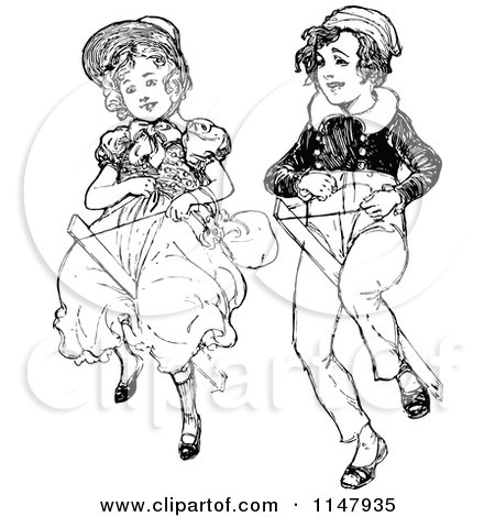 Clipart of a Retro Vintage Black and White Boy and Girl with Cock Ponies - Royalty Free Vector Illustration by Prawny Vintage