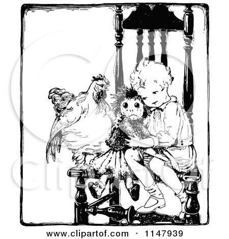 Clipart of a Retro Vintage Black and White Child Sitting with a Doll and Chicken - Royalty Free Vector Illustration by Prawny Vintage