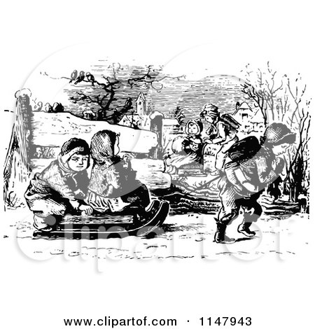 Clipart of Retro Vintage Black and White Children Sledding - Royalty Free Vector Illustration by Prawny Vintage