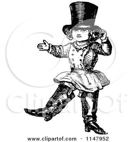 Clipart of a Retro Vintage Black and White Child Dressed up in Boots and a Hat - Royalty Free Vector Illustration by Prawny Vintage