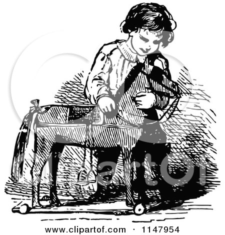 Clipart of a Retro Vintage Black and White Boy with a Toy Horse - Royalty Free Vector Illustration by Prawny Vintage