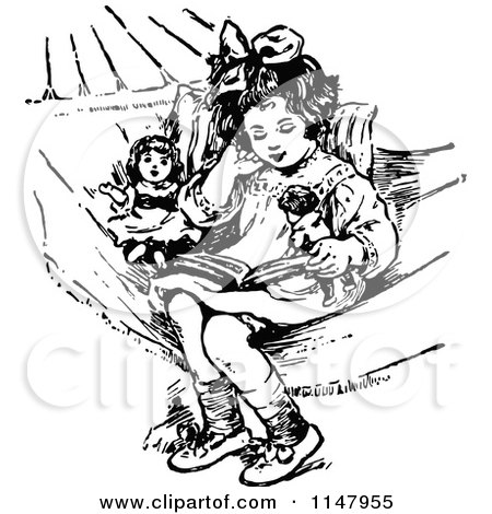 Clipart of a Retro Vintage Black and White Girl and Dolls in a Hammock - Royalty Free Vector Illustration by Prawny Vintage