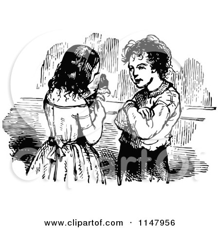 Clipart of a Retro Vintage Black and White Girl Showing a Boy Her Puppet - Royalty Free Vector Illustration by Prawny Vintage