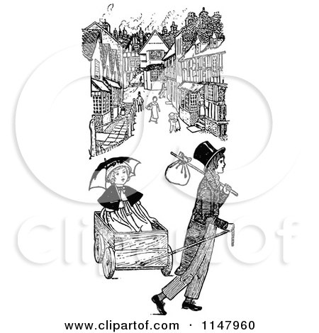 Clipart of a Retro Vintage Black and White Children with a Wagon in a Street - Royalty Free Vector Illustration by Prawny Vintage