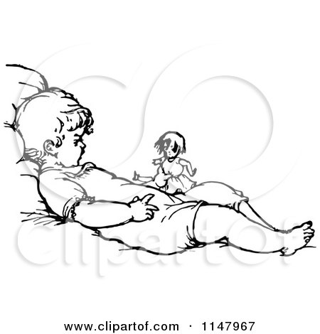 Clipart of a Retro Vintage Black and White Baby Playing with a Doll - Royalty Free Vector Illustration by Prawny Vintage