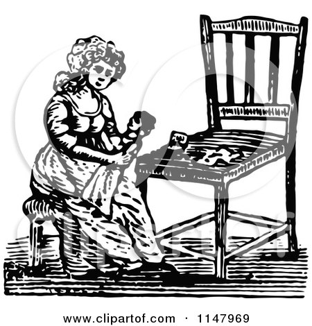 Clipart of a Retro Vintage Black and White Woman Holding a Doll by a Chair - Royalty Free Vector Illustration by Prawny Vintage
