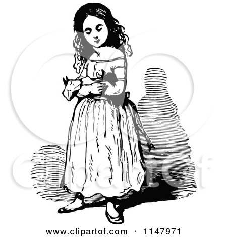 Clipart of a Retro Vintage Black and White Girl Holding a Doll 2 - Royalty Free Vector Illustration by Prawny Vintage