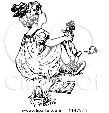 Clipart of a Retro Vintage Black and White Girl Playing with a Doll 3 - Royalty Free Vector Illustration by Prawny Vintage