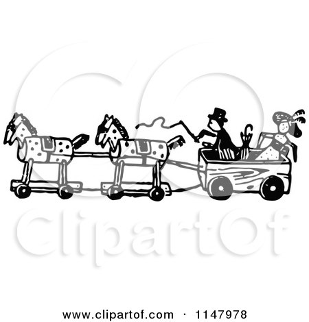 Clipart of a Retro Vintage Black and White Toy Wheel Horses and a Wagon with Dolls - Royalty Free Vector Illustration by Prawny Vintage