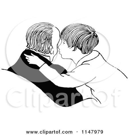 Clipart of a Retro Vintage Black and White Father Son Kissing His Cheek - Royalty Free Vector Illustration by Prawny Vintage