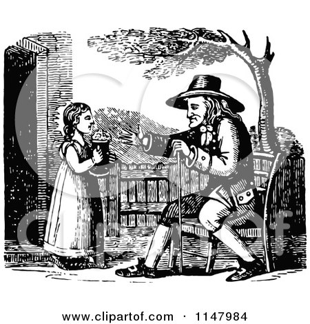 Clipart of a Retro Vintage Black and White Daughter Bringing Her Father a Drink - Royalty Free Vector Illustration by Prawny Vintage