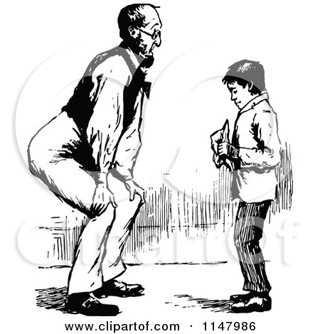 Clipart of a Retro Vintage Black and White Father Bending to Talk to His Son - Royalty Free Vector Illustration by Prawny Vintage