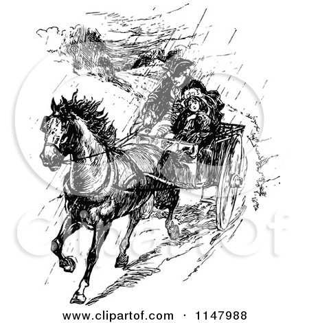 Clipart of a Retro Vintage Black and White Father and Girl on a Horse Cart in the Rain - Royalty Free Vector Illustration by Prawny Vintage