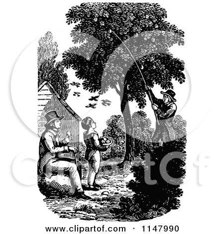 Clipart of a Retro Vintage Black and White Father and Son Picking Fruit from a Tree - Royalty Free Vector Illustration by Prawny Vintage