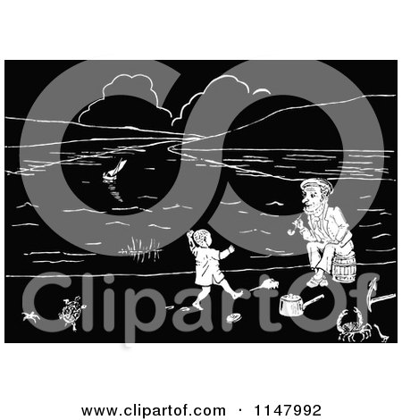 Clipart of a Retro Vintage Black and White Father and Son on a Beach - Royalty Free Vector Illustration by Prawny Vintage
