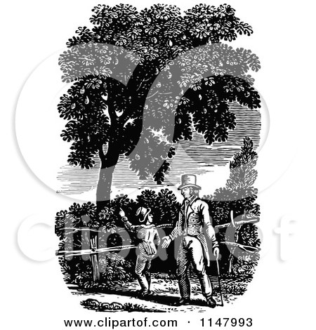 Clipart of a Retro Vintage Black and White Father and Son Strolling - Royalty Free Vector Illustration by Prawny Vintage
