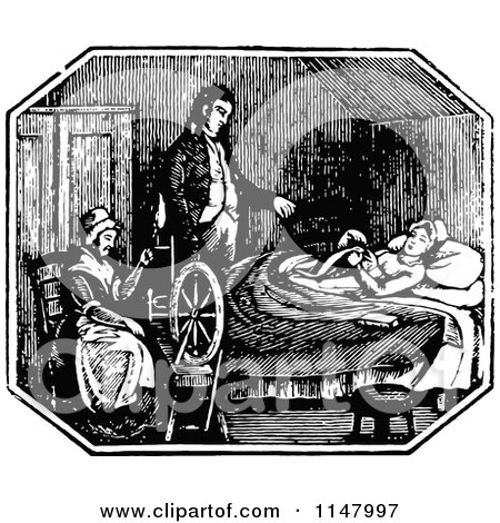 Clipart of a Retro Vintage Black and White Man and Woman Caring for a Sick Lady - Royalty Free Vector Illustration by Prawny Vintage