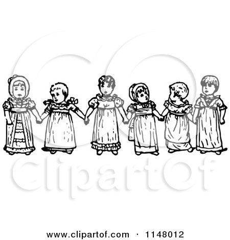 Clipart of a Retro Vintage Black and White Girls Holding Hands - Royalty Free Vector Illustration by Prawny Vintage