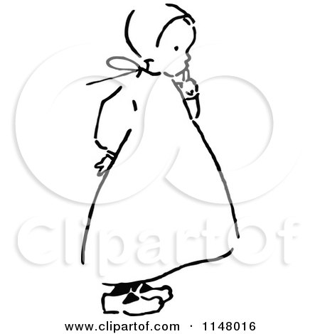 Clipart of a Retro Vintage Black and White Little Girl Thinking - Royalty Free Vector Illustration by Prawny Vintage