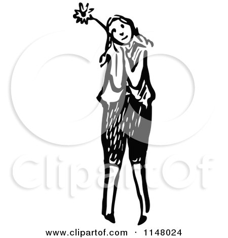 Clipart of a Retro Vintage Black and White Girl Holding a Flower 2 - Royalty Free Vector Illustration by Prawny Vintage