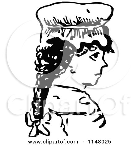Clipart of a Retro Vintage Black and White Girl with a Braid and a Hat - Royalty Free Vector Illustration by Prawny Vintage
