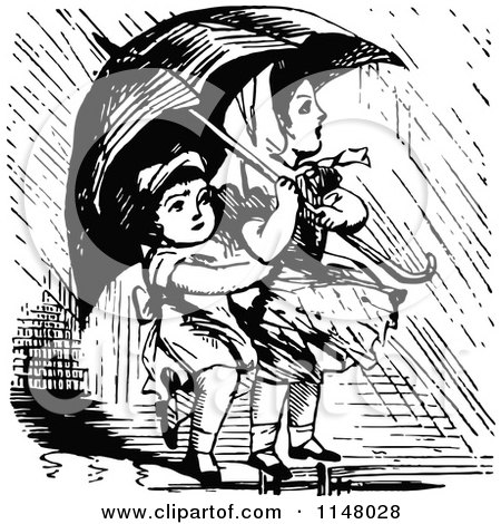 Clipart of Retro Vintage Black and White Children with an Umbrella - Royalty Free Vector Illustration by Prawny Vintage