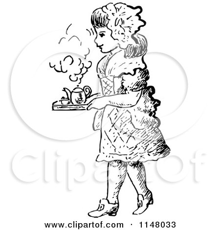 Clipart of a Retro Vintage Black and White Girl Carrying a Tea Tray - Royalty Free Vector Illustration by Prawny Vintage