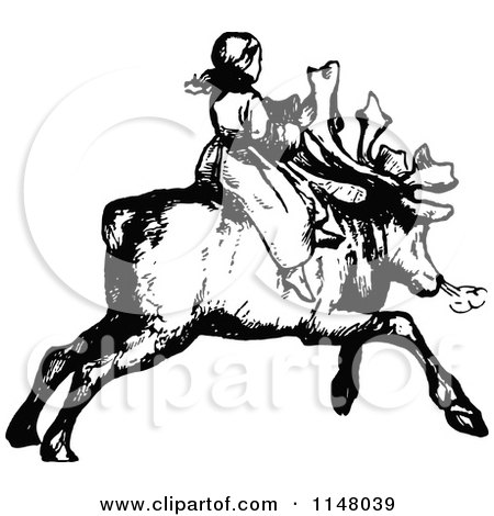 Clipart of a Retro Vintage Black and White Girl Riding a Reindeer - Royalty Free Vector Illustration by Prawny Vintage