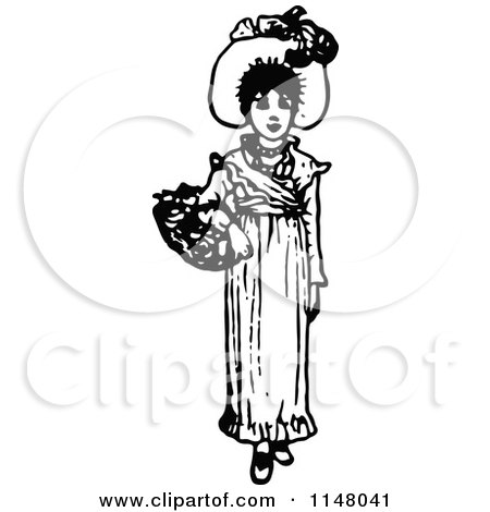 Clipart of a Retro Vintage Black and White Girl Carrying a Flower Basket - Royalty Free Vector Illustration by Prawny Vintage