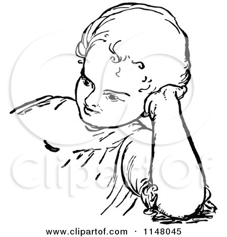 Clipart of a Retro Vintage Black and White Child Leaning Against Their Hand - Royalty Free Vector Illustration by Prawny Vintage
