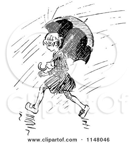 Clipart of a Retro Vintage Black and White Girl with an Umbrella in the Rain - Royalty Free Vector Illustration by Prawny Vintage