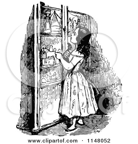 Clipart of a Retro Vintage Black and White Girl Looking at a Cabinet - Royalty Free Vector Illustration by Prawny Vintage