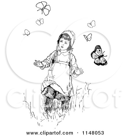 Clipart of a Retro Vintage Black and White Girl and Butterflies - Royalty Free Vector Illustration by Prawny Vintage