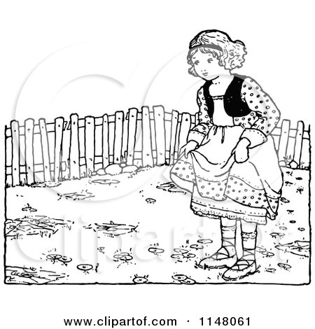 Clipart of a Retro Vintage Black and White Girl Holding Her Dress in the Garden - Royalty Free Vector Illustration by Prawny Vintage