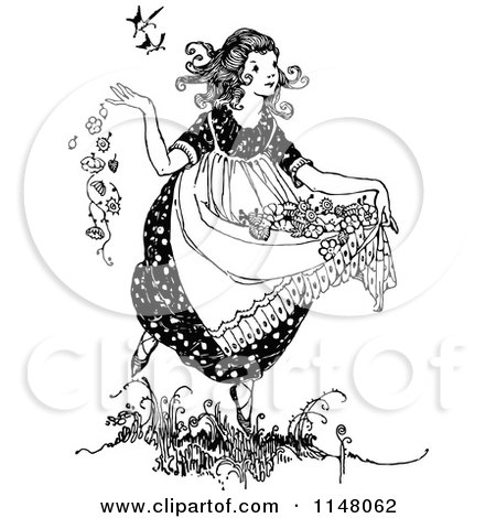 Clipart of a Retro Vintage Black and White Girl Carrying Flowers in Her Dress - Royalty Free Vector Illustration by Prawny Vintage