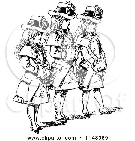 Clipart of a Retro Vintage Black and White Trio of Girls in Hats and Coats - Royalty Free Vector Illustration by Prawny Vintage