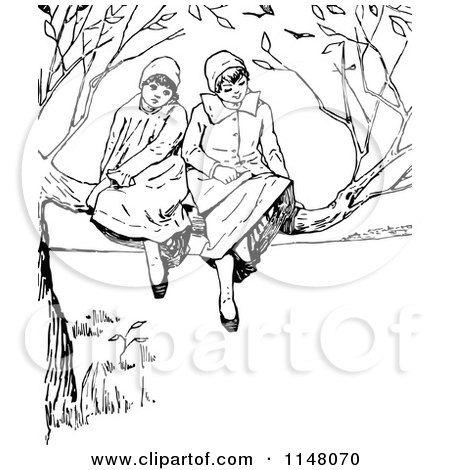 Clipart of Retro Vintage Black and White Girls in a Tree - Royalty Free Vector Illustration by Prawny Vintage