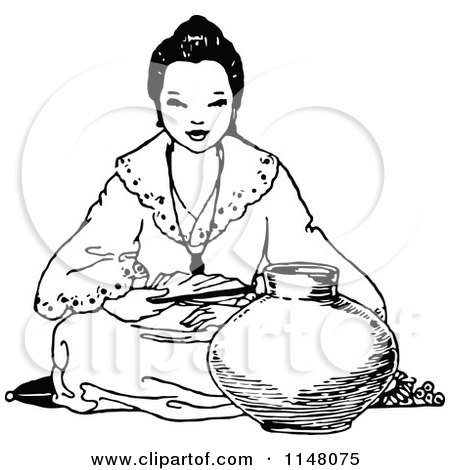 Clipart of a Retro Vintage Black and White Asian Girl Sitting with a Pot - Royalty Free Vector Illustration by Prawny Vintage