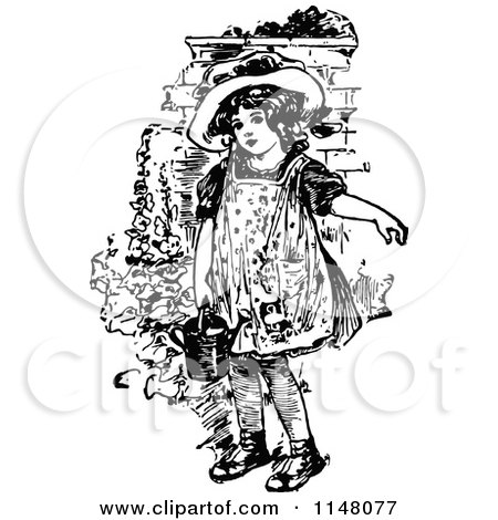 Clipart of a Retro Vintage Black and White Girl Holding a Watering Can - Royalty Free Vector Illustration by Prawny Vintage