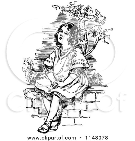 Clipart of a Retro Vintage Black and White Girl Sitting on a Wall - Royalty Free Vector Illustration by Prawny Vintage