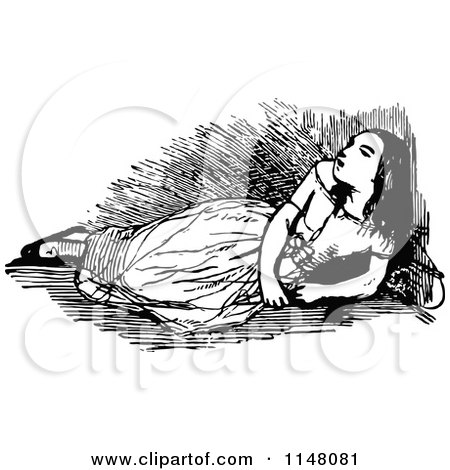 Clipart of a Retro Vintage Black and White Girl Resting - Royalty Free Vector Illustration by Prawny Vintage