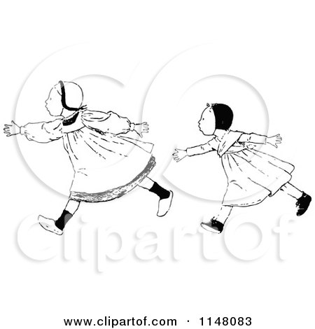Clipart of Retro Vintage Black and White Girls Speed Walking - Royalty Free Vector Illustration by Prawny Vintage