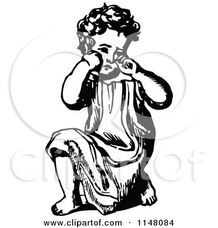 Clipart of a Retro Vintage Black and White Girl Kneeling and Crying - Royalty Free Vector Illustration by Prawny Vintage