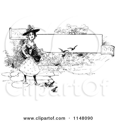 Clipart of a Retro Vintage Black and White Witch and Birds by a Banner - Royalty Free Vector Illustration by Prawny Vintage