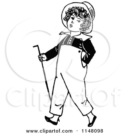 Clipart of a Retro Vintage Black and White Boy Walking with a Cane - Royalty Free Vector Illustration by Prawny Vintage