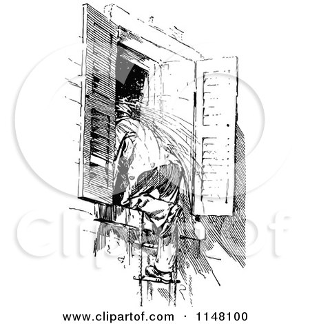 Clipart of a Retro Vintage Black and White Boy Climbing in a Window - Royalty Free Vector Illustration by Prawny Vintage
