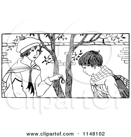 Clipart of a Retro Vintage Black and White Boy and Girl Under a Tree - Royalty Free Vector Illustration by Prawny Vintage