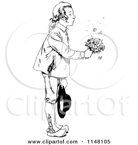Clipart of a Retro Vintage Black and White Boy Giving Flowers - Royalty Free Vector Illustration by Prawny Vintage